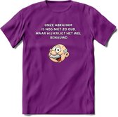 Onze abraham is nog niet zo oud T-Shirt | Grappig Abraham 50 Jaar Verjaardag Kleding Cadeau | Dames – Heren - Paars - M