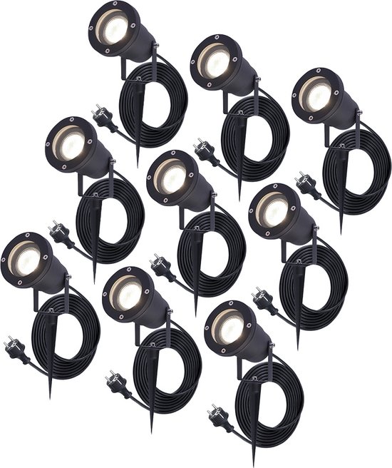 HOFTRONIC 9x HOFTRONIC Sydney - GU10 Tuinspot voor buiten - 1.5 Meter kabel met eurostekker - 5 Watt 450 lumen - Aluminium Prikspot met grondspies - Schijnwerper