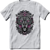 Wolf - Dieren Mandala T-Shirt | Roze | Grappig Verjaardag Zentangle Dierenkop Cadeau Shirt | Dames - Heren - Unisex | Wildlife Tshirt Kleding Kado | - Licht Grijs - Gemaleerd - L