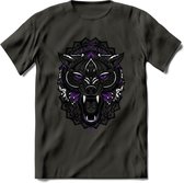 Wolf - Dieren Mandala T-Shirt | Paars | Grappig Verjaardag Zentangle Dierenkop Cadeau Shirt | Dames - Heren - Unisex | Wildlife Tshirt Kleding Kado | - Donker Grijs - S