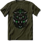 Wolf - Dieren Mandala T-Shirt | Groen | Grappig Verjaardag Zentangle Dierenkop Cadeau Shirt | Dames - Heren - Unisex | Wildlife Tshirt Kleding Kado | - Leger Groen - L