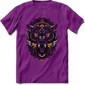 Wolf - Dieren Mandala T-Shirt | Geel | Grappig Verjaardag Zentangle Dierenkop Cadeau Shirt | Dames - Heren - Unisex | Wildlife Tshirt Kleding Kado | - Paars - S