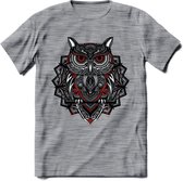 Uil - Dieren Mandala T-Shirt | Rood | Grappig Verjaardag Zentangle Dierenkop Cadeau Shirt | Dames - Heren - Unisex | Wildlife Tshirt Kleding Kado | - Donker Grijs - Gemaleerd - XL