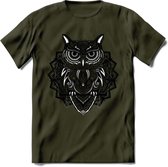 Uil - Dieren Mandala T-Shirt | Grijs | Grappig Verjaardag Zentangle Dierenkop Cadeau Shirt | Dames - Heren - Unisex | Wildlife Tshirt Kleding Kado | - Leger Groen - XXL