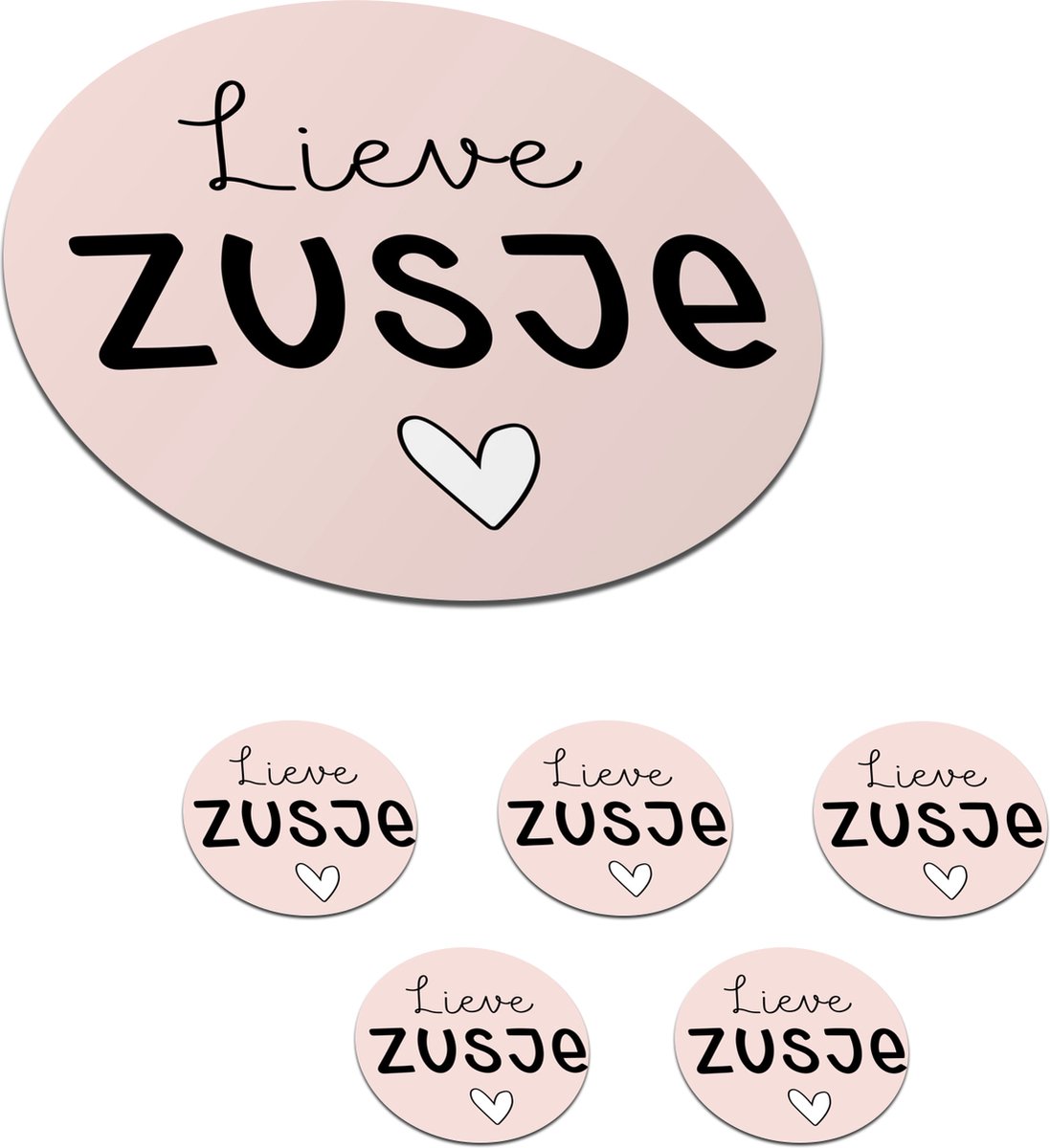 Onderzetters voor glazen - Rond - Zus - Tekst - Roze - Pastel - 10x10 cm - Glasonderzetters - 6 stuks