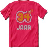 34 Jaar Feest T-Shirt | Goud - Zilver | Grappig Verjaardag Cadeau Shirt | Dames - Heren - Unisex | Tshirt Kleding Kado | - Roze - XL