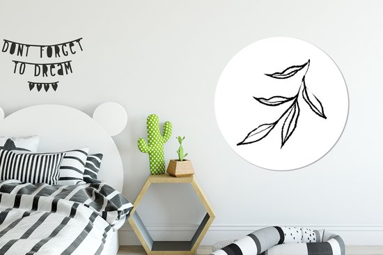 Branche illustration art Line avec des feuilles sur un fond blanc mur aluminium cercle ⌀ 90 cm - impression photo cercle cercle mur / salon / cercle de jardin (décoration murale)