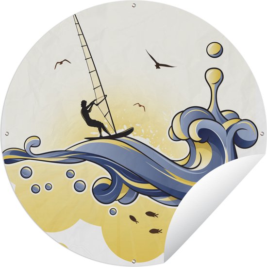 Tuincirkel Een illustratie van een persoon die op de golven aan het windsurfen is - 150x150 cm - Ronde Tuinposter - Buiten