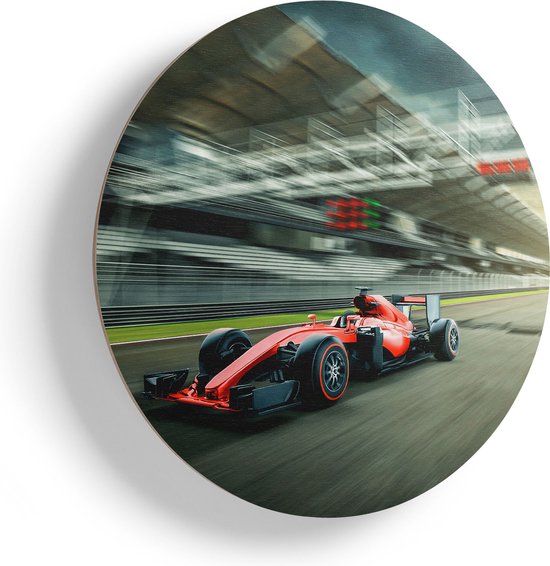 Artaza Houten Muurcirkel - Formule 1 Auto bij de Finish in het Rood - Ø 50 cm - Klein - Multiplex Wandcirkel - Rond Schilderij