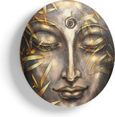 Artaza Houten Muurcirkel - Boeddha Beeld Met Gouden Bladeren - Ø 40 cm - Klein - Multiplex Wandcirkel - Rond Schilderij