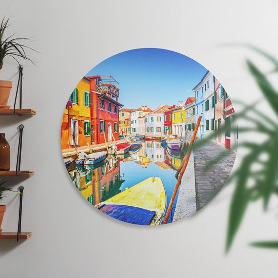 Artaza Dibond Muurcirkel Kleurrijke Huisjes aan het Water in Venetië - Ø 60 cm - Wandcirkel - Rond Schilderij - Voor Binnen en Buiten