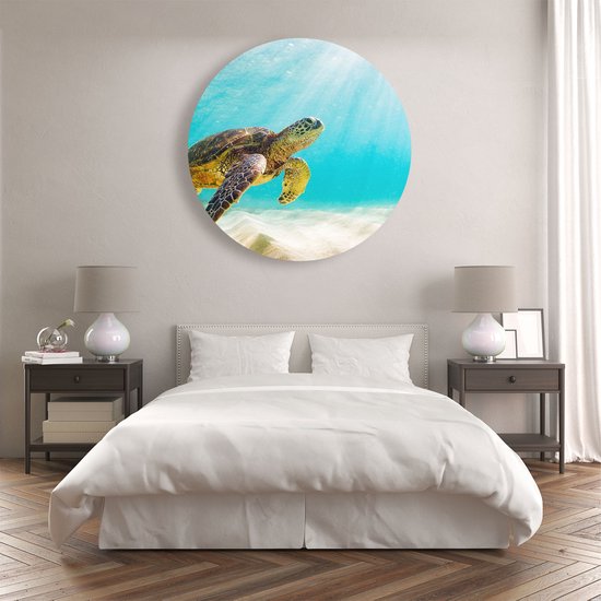 Artaza Dibond Muurcirkel Schildpad Zwemt in de Helder Blauwe Zee - Ø 90 cm - Groot - Wandcirkel - Rond Schilderij - Voor Binnen en Buiten