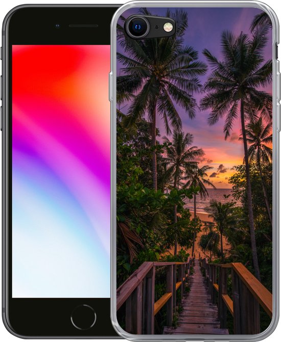 Convient pour coque iPhone SE 2020 - Coucher de soleil - Palmiers - Plage - Coque de téléphone en Siliconen