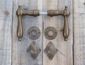 Deur antieke set - rozetten messing met klapjes + mooie koperen deurklinken