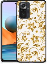 Back Cover Siliconen Hoesje Xiaomi Redmi Note 10 Pro Telefoonhoesje met Zwarte rand Gouden Bloemen
