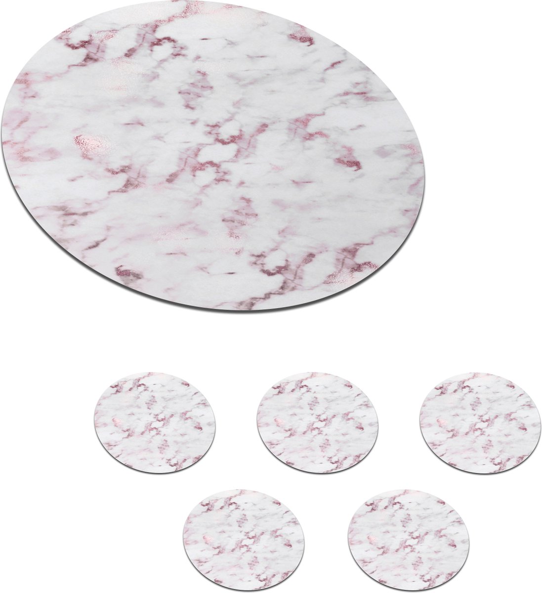 Onderzetters voor glazen - Rond - Marmer - Wit - Roze - 10x10 cm - Glasonderzetters - 6 stuks
