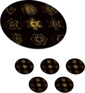 Onderzetters voor glazen - Rond - Gouden geometrische vormen op een zwarte achtergrond - 10x10 cm - Glasonderzetters - 6 stuks