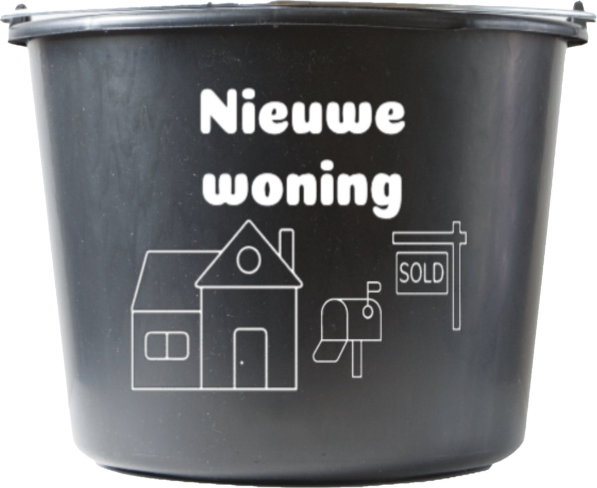 Goedkoopste Cadeau emmer – 12 liter – zwart – met tekst Nieuwe woning