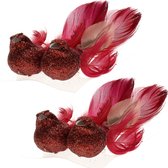 4x stuks decoratie vogels op clip glitter rood 11 cm - Decoratievogeltjes/kerstboomversiering/bruiloftversiering