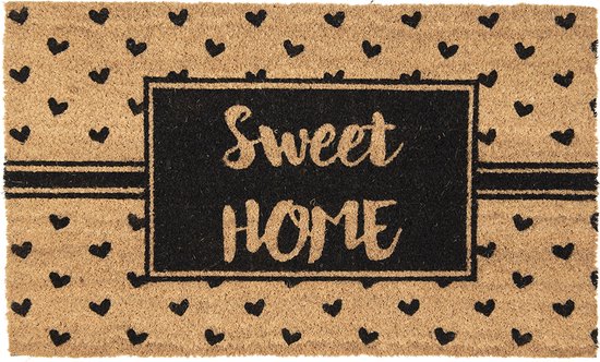 Clayre & Eef Paillasson 75x45 cm Marron Noir Fibre de coco PVC Rectangle Coeurs Sweet Home Tapis de coco