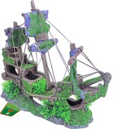 Boon aqua deco ornament polyresin gezonken galjoen met gaten en mos, 30 cm.