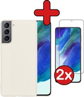 Samsung S21 FE Hoesje Siliconen Case Cover Met 2x Screenprotector - Samsung Galaxy S21 FE Hoesje Cover Hoes Siliconen Met 2x Screenprotector - Wit