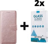 Kunstleer Bookcase Hoesje Met Pasjeshouder Samsung Galaxy A21s Roze - 2x Gratis Screen Protector - Telefoonhoesje - Smartphonehoesje