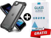 Backcover Shockproof Carbon Hoesje iPhone 7 Zwart - Gratis Screen Protector - Telefoonhoesje - Smartphonehoesje