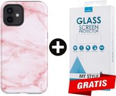 Backcover Marmerlook Hoesje iPhone 12 Mini Roze - Gratis Screen Protector - Telefoonhoesje - Smartphonehoesje