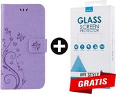 Bookcase Hoesje Vlinders Met Pasjeshouder iPhone XR Paars - Gratis Screen Protector - Telefoonhoesje - Smartphonehoesje