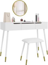 Luxury Buy® kaptafel- make-up tafel-met comfort kruk- ronde spiegel- met 3 laden- wit-goud