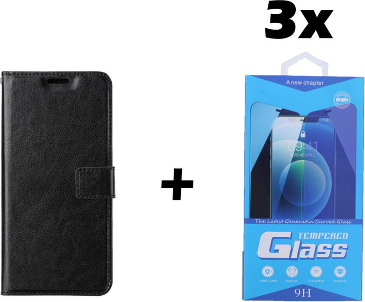 Samsung Galaxy J6 2018 Telefoonhoesje - Bookcase - Ruimte voor 3 pasjes - Kunstleer - met 3x Tempered Screenprotector - SAFRANT1 - Zwart