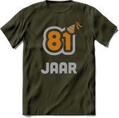 81 Jaar Feest T-Shirt | Goud - Zilver | Grappig Verjaardag Cadeau Shirt | Dames - Heren - Unisex | Tshirt Kleding Kado | - Leger Groen - M