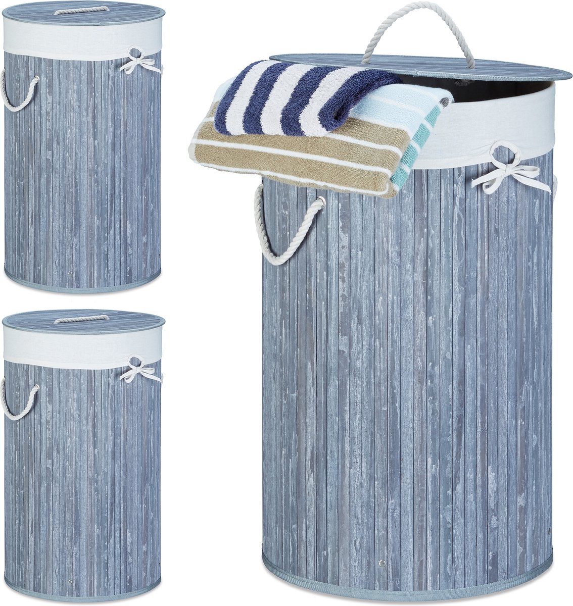 Goedkoopste 3x wasmand bamboe - wasbox met deksel - 70 liter - rond - 65 x 41 cm - grijs