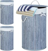 Relaxdays 3x wasmand bamboe - wasbox met deksel - 70 liter - rond - 65 x 41 cm - grijs