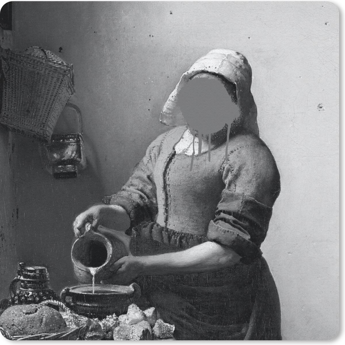 Muismat 20x20 cm - Mousepad Het melkmeisje - Johannes Vermeer - Zwart - Wit - Muismatten