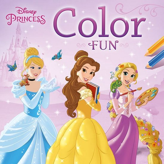Cinderella, Belle en Rapunzel in een kleurboek met Disney Prinsessen.