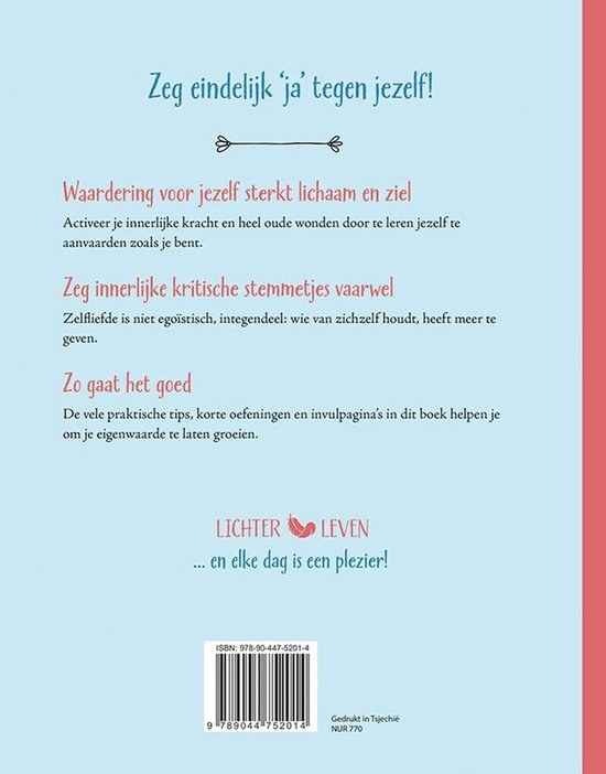 Achterkant van het boek met de titel Lichter leven en tekst over zelfacceptatie.