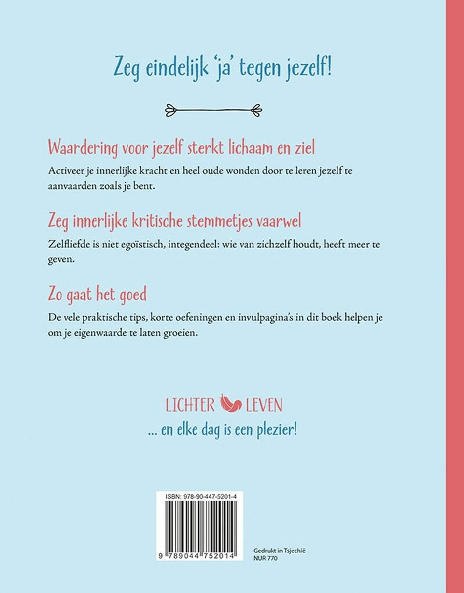 Achterkant van het boek met de titel Lichter leven en tekst over zelfacceptatie.