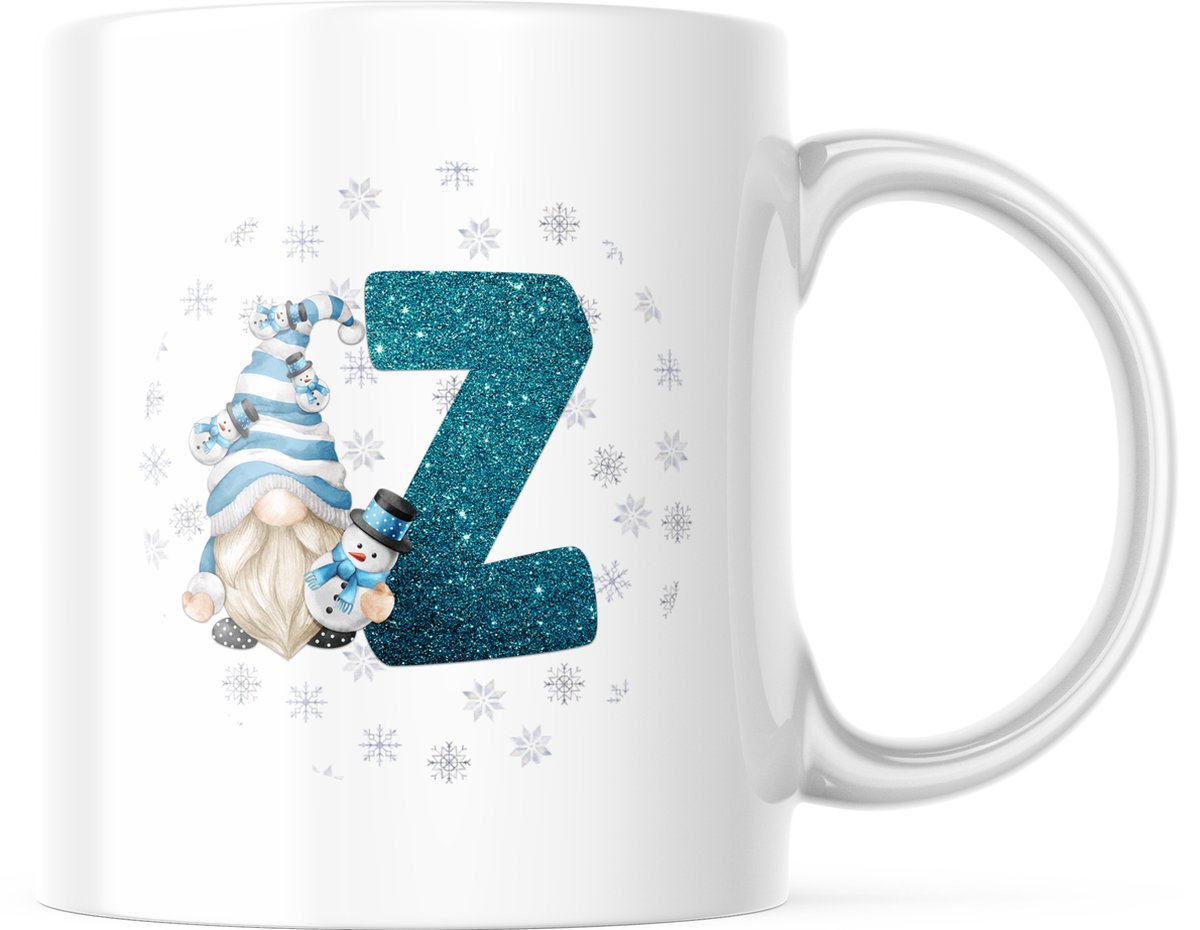 Kerst Mok met afbeelding: Snowman Gnome - Blauw - Letter Z | Kerst Decoratie | Kerst Versiering | Grappige Cadeaus | Koffiemok | Koffiebeker | Theemok | Theebeker