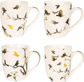 Mokken Set van 4 9*10 cm / 300 ml Meerkleurig Porselein Rond Vogels Koffiemok Koffiebeker Theemok