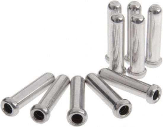Tien zilverkleurige Shimano kabelhoedjes op een witte achtergrond.