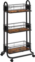 serving trolley, kitchen trolley, wheeled kitchen shelf, trolley with 3 levels, wheels 360° rotatable for kitchen, dining room, living room, home office, vintage brown-black LRC031