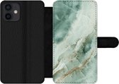 Bookcase Geschikt voor iPhone 12 Mini telefoonhoesje - Natuursteen - Groen - Chic - Met vakjes - Wallet case met magneetsluiting