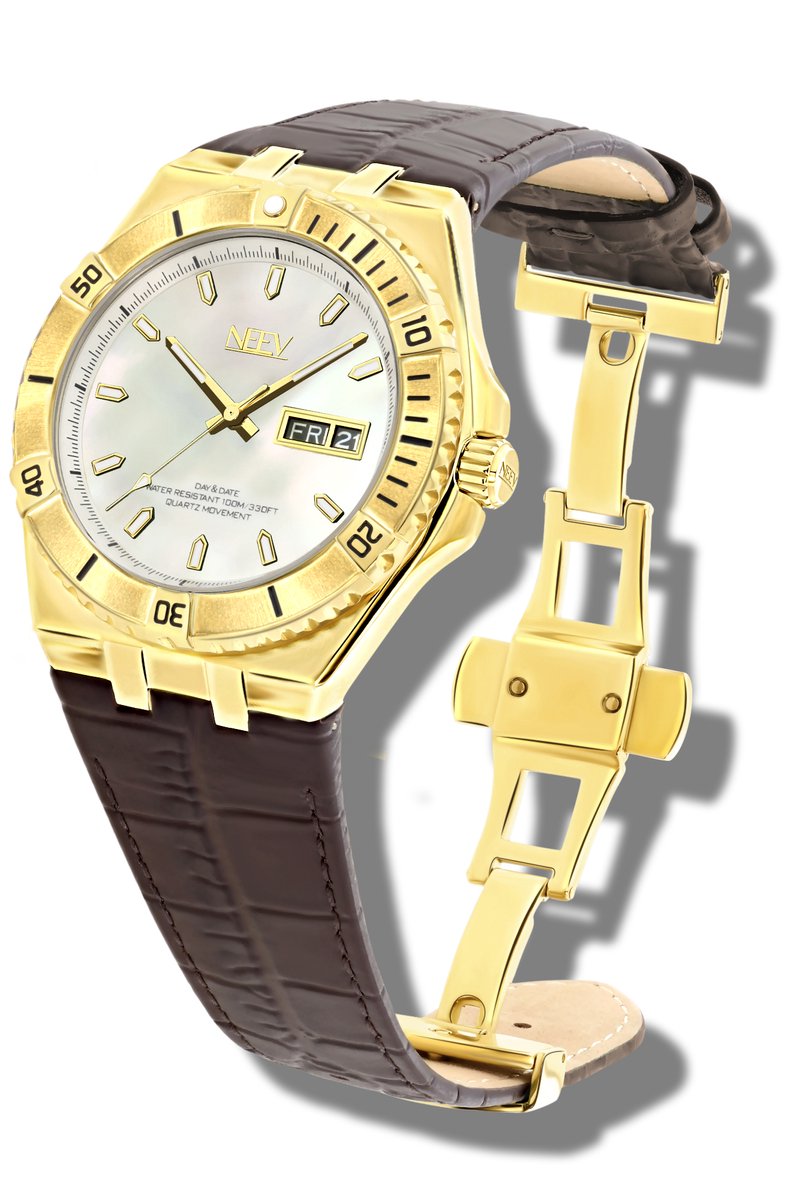 NEEV - Gulmann | Goud horloge | Horloges voor Mannen | Ø42 mm | Bruin leren band | Vlindersluiting | Quartz | Polshorloges heren |