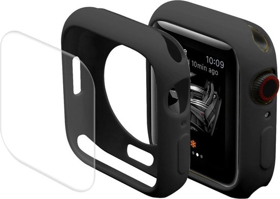 Zwarte beschermhoes en schermprotector voor een Apple Watch.