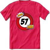 57 Jaar Hoera Verkeersbord T-Shirt | Grappig Verjaardag Cadeau | Dames - Heren | - Roze - XXL