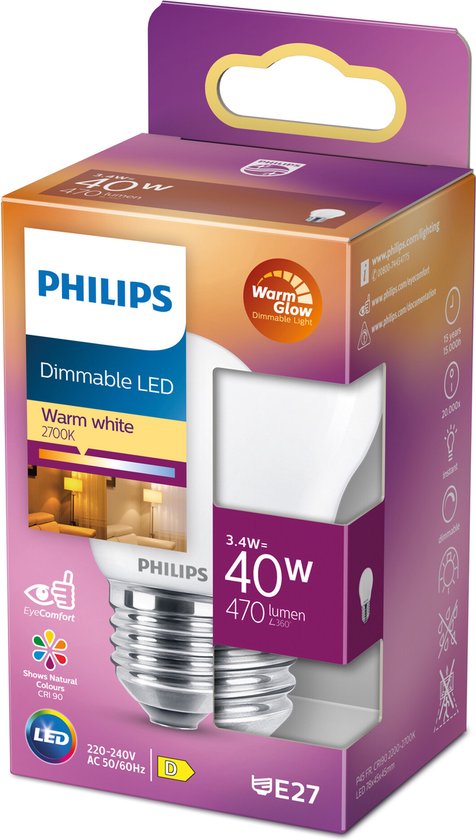 Emballage d'une ampoule LED Philips, dimmable, blanc chaud 2700K, 40W, 470 lumens, E27.