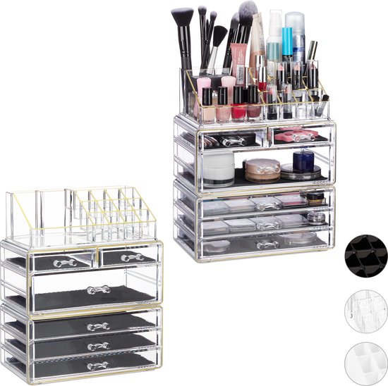 Relaxdays 2x make up organizer met 6 lades - acryl - cosmetica opslag - transparant-goud