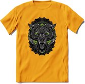 Wolf - Dieren Mandala T-Shirt | Groen | Grappig Verjaardag Zentangle Dierenkop Cadeau Shirt | Dames - Heren - Unisex | Wildlife Tshirt Kleding Kado | - Geel - XXL